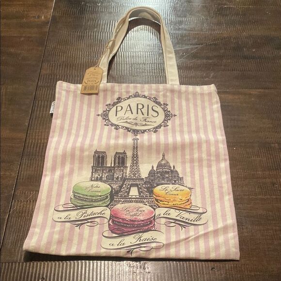 Paris Print Pink and white Tote Bag Macarons - Picture 1 of 5
